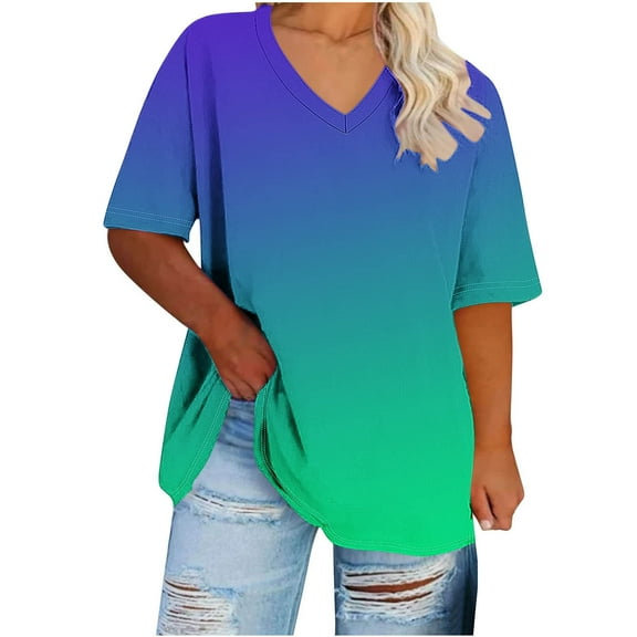Uaswgudfs Oversiez Top for Women's Plus Size Summer V-Neck Short Sleeve T-Shirt with Curved Hemline Design Blouse