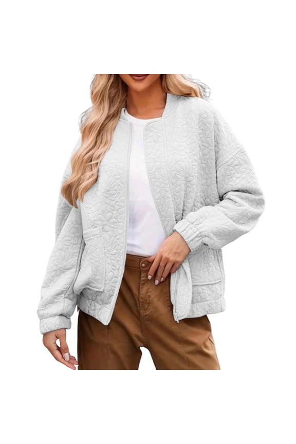 Oversized Embossed Jacket: Women's Autumn Heavyweight Zip-Front Jacket with Ribbed Cuffs, Dual Pockets & Structured Fit