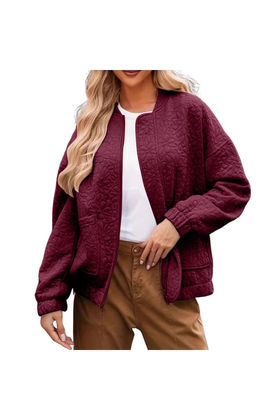 Oversized Embossed Jacket: Women's Autumn Heavyweight Zip-Front Jacket with Ribbed Cuffs, Dual Pockets & Structured Fit​