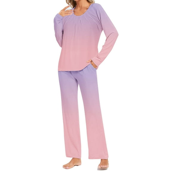Uaswgudfs Pajama Sets for Women 2 Piece Soft Cute Pjs Round Neck Long Sleeve Lounge Set for Summer Sleepwear