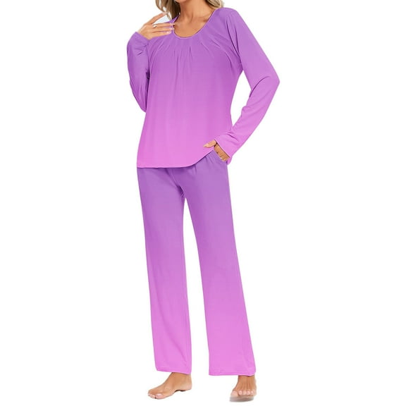 Uaswgudfs Pajama Sets for Women 2 Piece Soft Cute Pjs Round Neck Long Sleeve Lounge Set for Summer Sleepwear