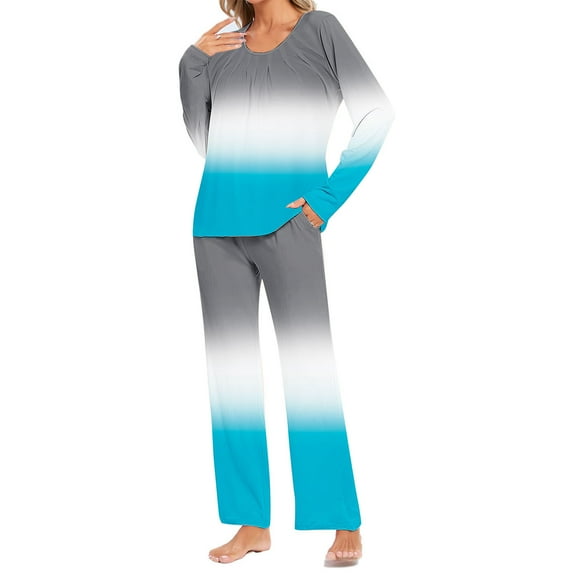 Uaswgudfs Pajama Sets for Women 2 Piece Soft Gradient Pjs Round Neck Long Sleeve Lounge Set for Summer Sleepwear 2025