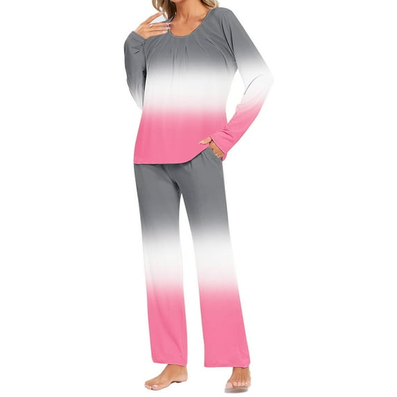 Uaswgudfs Pajama Sets for Women 2 Piece Soft Gradient Pjs Round Neck Long Sleeve Lounge Set for Summer Sleepwear 2025