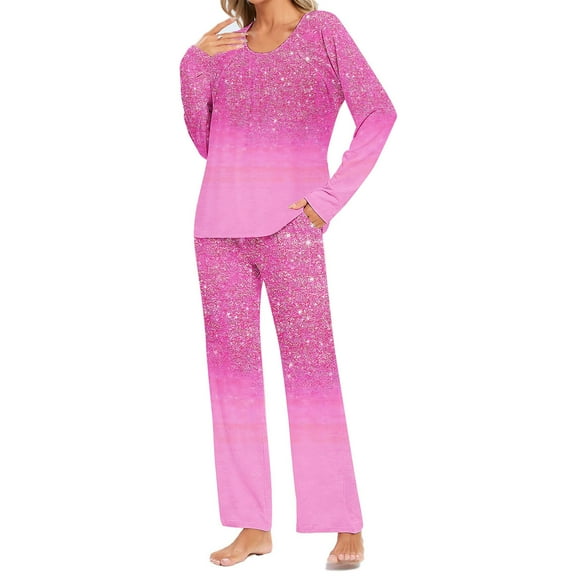 Uaswgudfs Pajama Sets for Women 2 Piece Soft Shiny sequins Pjs Round Neck Long Sleeve Lounge Set for Summer Sleepwear