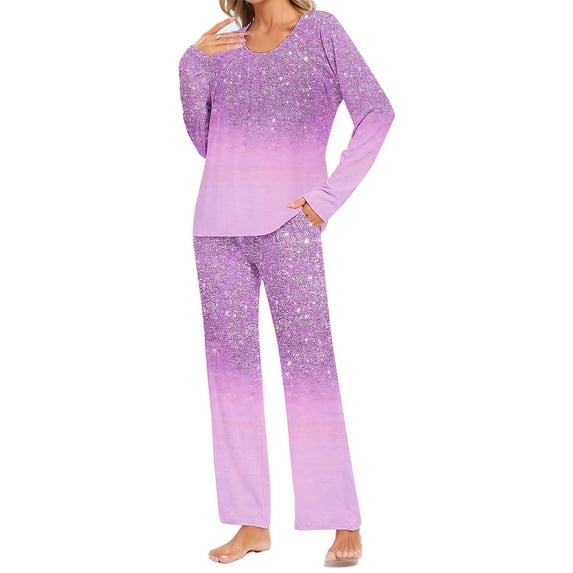 Uaswgudfs Pajama Sets for Women 2 Piece Soft Shiny sequins Pjs Round Neck Long Sleeve Lounge Set for Summer Sleepwear