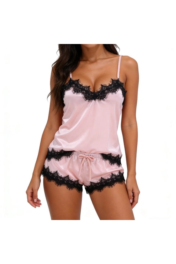 Pajamas for Women Set Lace Satin Camisole Two Piece Sleepwear Set Womens Summer Tops & Shorts