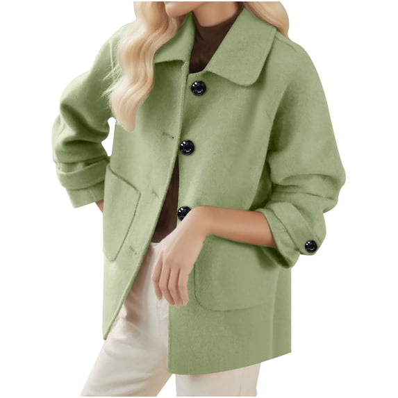 Uaswgudfs Peter Pan Collar Coat: Women’s Autumn Mid-Length Button-Up with Textured Woven Fabric & Adjustable Cuffs - Functional Patch Pockets