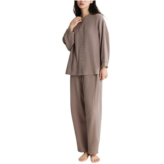 Uaswgudfs Pink Pajamas Set Cotton and Linen Long Sleeve Sleepwear Womens Button Down Nightwear Comfortable Pj Sets