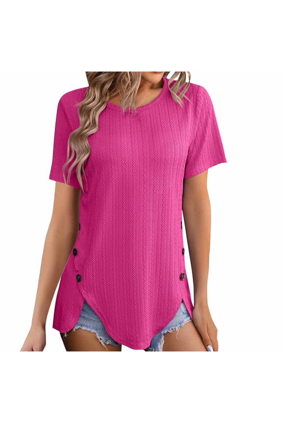 Pink for Women's Side Split Hem Tunic Tops – Solid Color Casual Swing T-Shirt with Button Short Sleeve & Crew Neck Tee