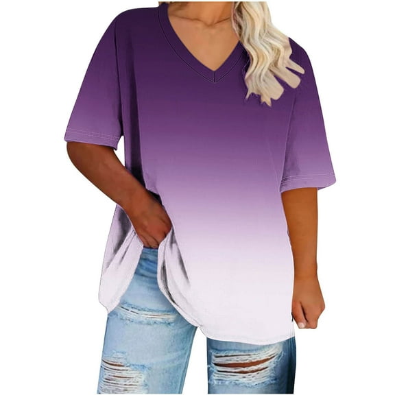 Uaswgudfs Plus Size Gradient Color Tops for Women Summer Top Loose Fit Tee Shirts V Neck Short Sleeve Casual Blouse 2025 New