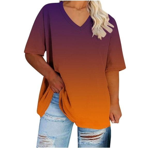 Uaswgudfs Plus Size Gradient Color Tops for Women Summer Top Loose Fit Tee Shirts V Neck Short Sleeve Casual Blouse 2025 New