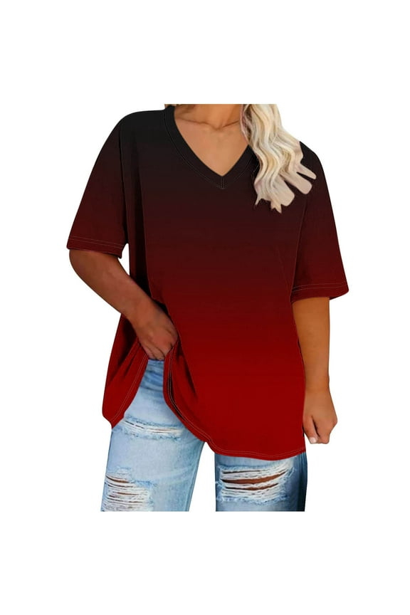 Plus Size Gradient Color Tops for Women Summer Top Loose Fit Tee Shirts V Neck Short Sleeve Casual Blouse