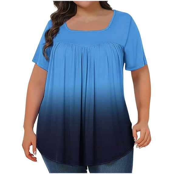 Uaswgudfs Plus Size Tops for Women Short Sleeve Square Neck T-Shirts Gradient Color Pleated Tees Dressy, L