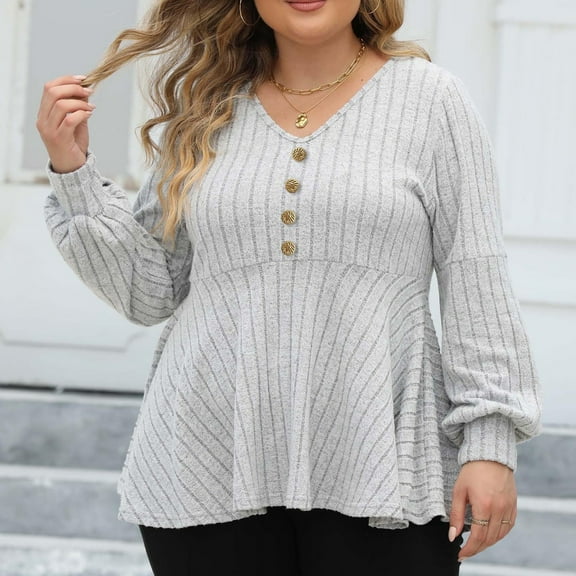 Uaswgudfs ​Plus Size V-Neck Sweater: Balloon Sleeves & Vertical Buttons, Ribbed Knit​
