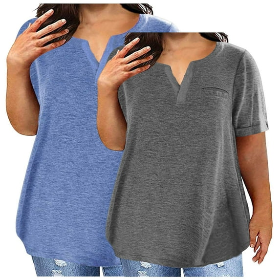 Uaswgudfs Plus Size Women's 2-Pack Solid Color V-Neck Blouse-Tee Set - Summer Casual Relaxed Fit Short Sleeve Tops with Mix & Match 2025