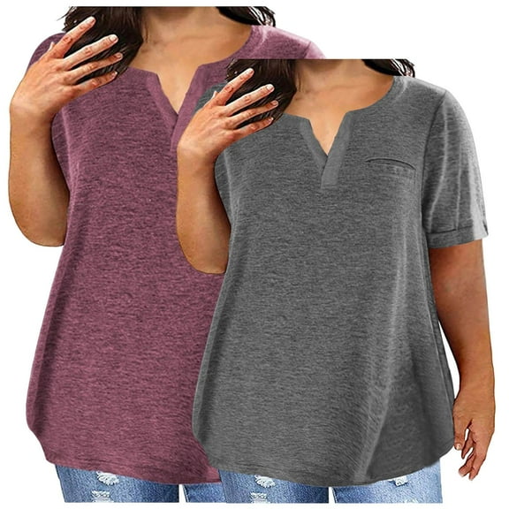 Uaswgudfs Plus Size Women's 2-Pack Solid Color V-Neck Blouse-Tee Set - Summer Casual Relaxed Fit Short Sleeve Tops with Mix & Match