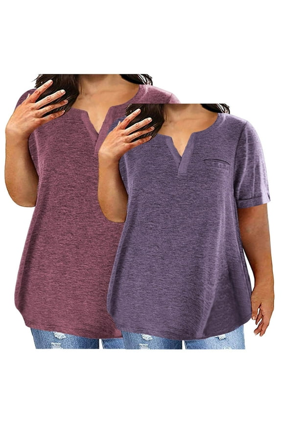 Plus Size Women's 2-Pack Solid Color V-Neck Blouse-Tee Set - Summer Casual Relaxed Fit Short Sleeve Tops with Mix & Match