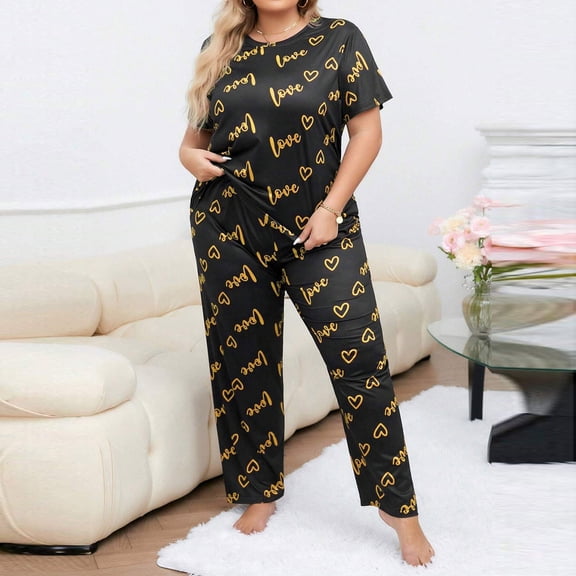 Uaswgudfs Plus Size Women's Crew Neck Heart Letter Print 2 - Piece Pajama Set, Short Sleeve Top & Long Pants for Women