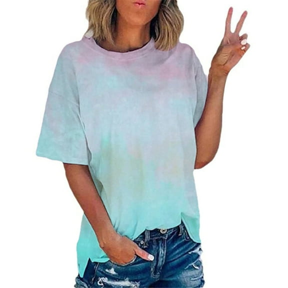 Uaswgudfs Plus Size Women's Oversized Gradient Blouse Tee - Casual Summer Short Sleeve Top loose Breathable