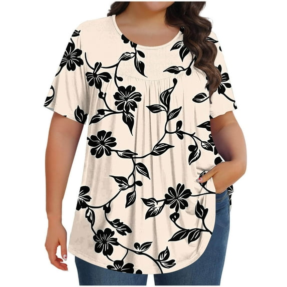Uaswgudfs Plus Size Women's Short Sleeve Blouse with Relaxed Fit & Floral V-Neck for Casual SummerKhaki-A2XL