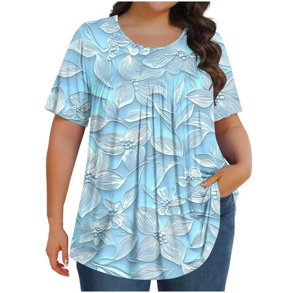 Uaswgudfs Plus Size Women's Short Sleeve Blouse with Relaxed Fit & Floral V-Neck for Casual SummerLight BlueL