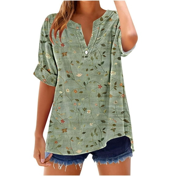 Uaswgudfs Plus Size Women's V-Neck Floral & Bird Print Blouse: Relaxed Fit & Lightweight Fabric for Trendy Summer TopsGreenL