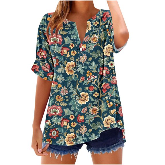 Uaswgudfs Plus Size ​Women's V-Neck Floral & Bird Print Blouse: Relaxed Fit & Lightweight Fabric for Trendy Summer TopsMulticolor-DL
