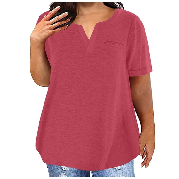 Uaswgudfs Plus Size Women's V-Neck Short Sleeve Lightweight Blouse with Functional Chest Pocket and Oversizes Fit Top