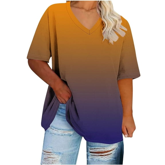 Uaswgudfs Plus Size Women's V-Neck Short Sleeve Structured Summer Blouse with Asymmetric Hem Oversizes Tops