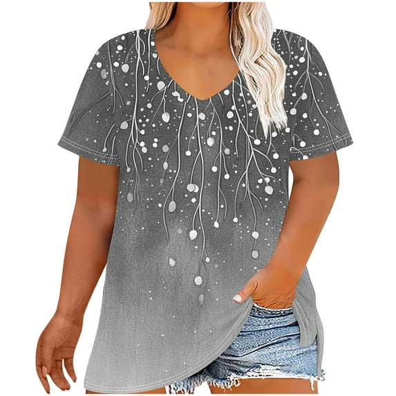 Uaswgudfs Plus Size Women's V-Neck Short Sleeve Top with Lightweight Comfort and Botanical-Inspired Pattern Detail Oversizes Blouse