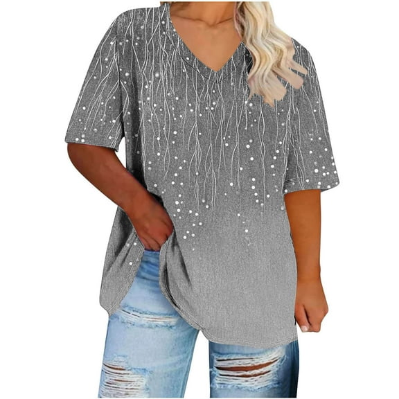 Uaswgudfs Plus Size Women's V-Neck Short Sleeve Top with Lightweight Comfort and Oversizes Blouses Flowers Line Tee