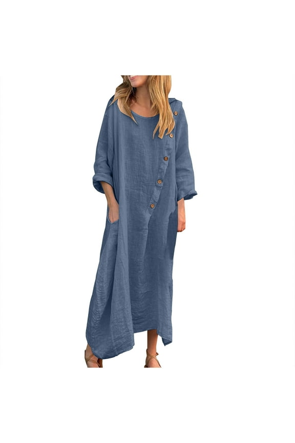 Round Neck Long Sleeve Summer Casual Dress for Women - Flowy Midi Dress with Relaxed Hemline, Breathable & Comfortable Everyday Wear Blue XL