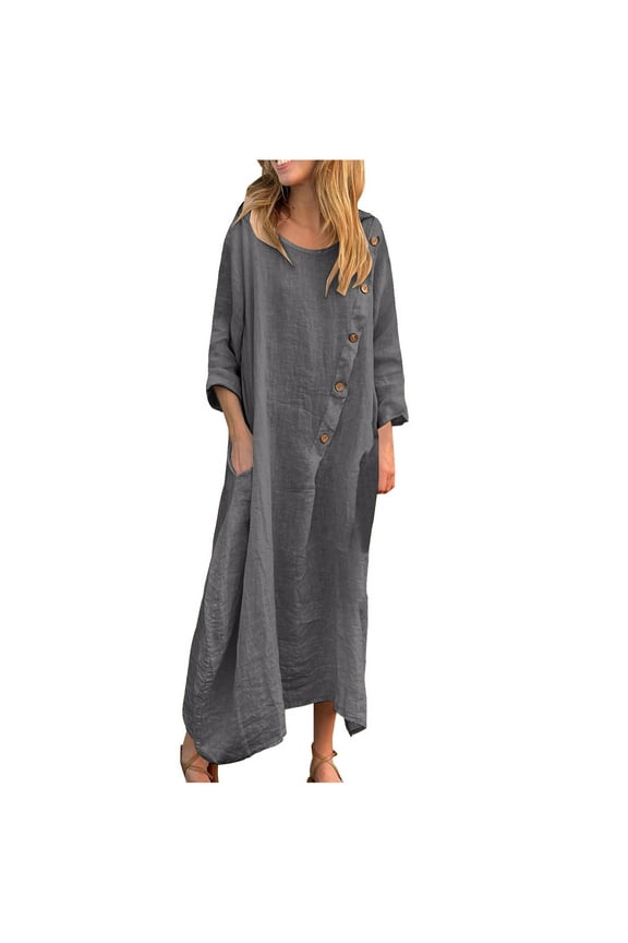 Round Neck Long Sleeve Summer Casual Dress for Women - Flowy Midi Dress with Relaxed Hemline, Breathable & Comfortable Everyday Wear Gray L