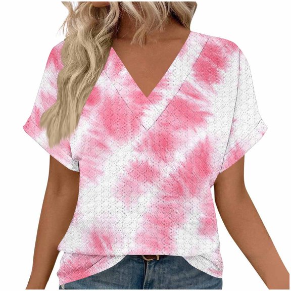 Uaswgudfs ​Round Neck Short Sleeve Casual Women's Blouse with Irregular Stripe Pattern & Soft Textured Summer TopsPink2XL