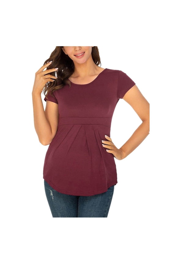 Ruffled Hem Maternity T Shirt for Pregnancy, Short Sleeve Plus Size Blouse Cotton Maternity Tops for Women Red 2XL