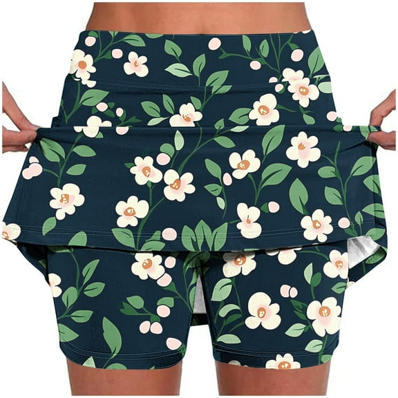 Uaswgudfs Shorts for Women: Layered Skort with Botanical Texture - Lightweight Breathable Summer Athletic Shorts with Skirt Design Black-B 4XL