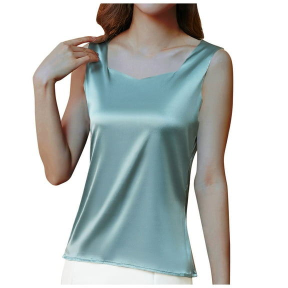 Uaswgudfs Silk Satin Tank Tops for Women V Neck Sleeveless Camisole Tank Tops 2025 Summer Basic Blouses