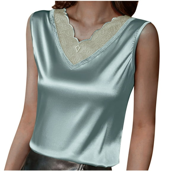 Uaswgudfs Silk Satin Tank Tops for Women V Neck Sleeveless Camisole Tank Tops 2025 Summer Basic Loose Blouses 2025