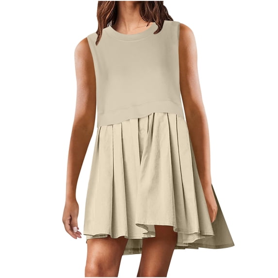 Uaswgudfs Sleeveless A-Line Flared Ruffle Hem Midi Dress - Casual Summer Dresses for Women 2025 in Lightweight Flowy Fabric Beige L