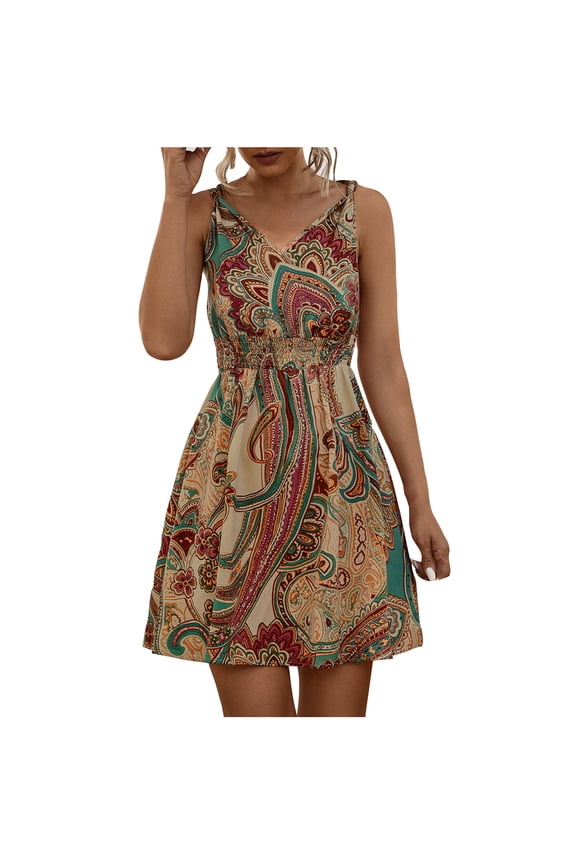​Sleeveless Bohemian V-Neck Flared Sundress - Summer Dresses for Women 2025 Casual Midi Dress with Paisley Floral Pattern Beige L