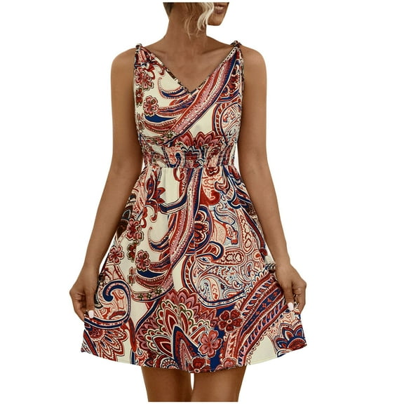 Uaswgudfs ​Sleeveless Bohemian V-Neck Flared Sundress - Summer Dresses for Women 2025 Casual Midi Dress with Paisley Floral Pattern Red L