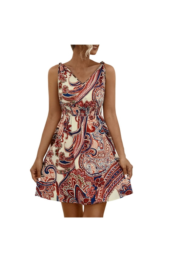 ​Sleeveless Bohemian V-Neck Flared Sundress - Summer Dresses for Women 2025 Casual Midi Dress with Paisley Floral Pattern Red XL