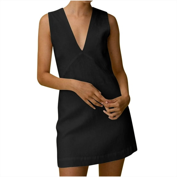 Uaswgudfs Sleeveless Casual Midi Dress - Summer 2025 Trend: Deep V-Neck Minimalist Design & Effortless Chic for Office, Evening & Summer Sundress Styling​ Black M