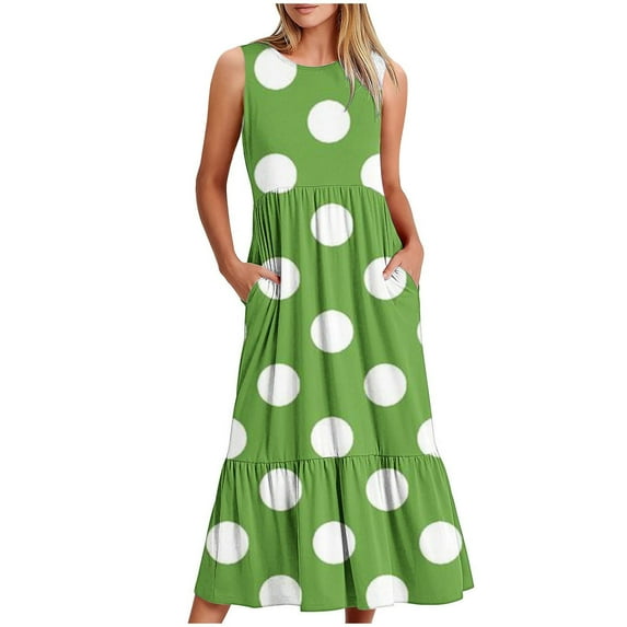 Uaswgudfs Sleeveless Dot-Print Tiered Maxi Sundress - Casual Summer Dresses for Women 2025 with Pockets & Flowy Silhouette Green S