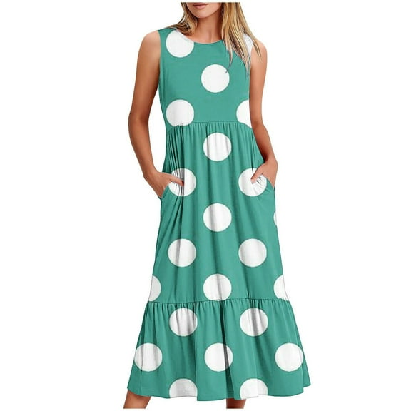 Uaswgudfs Sleeveless Dot-Print Tiered Maxi Sundress - Casual Summer Dresses for Women 2025 with Pockets & Flowy Silhouette Mint Green S