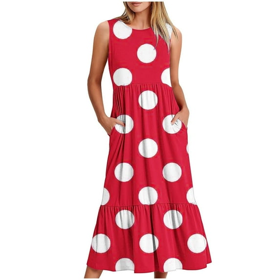 Uaswgudfs Sleeveless Dot-Print Tiered Maxi Sundress - Casual Summer Dresses for Women 2025 with Pockets & Flowy Silhouette Red S