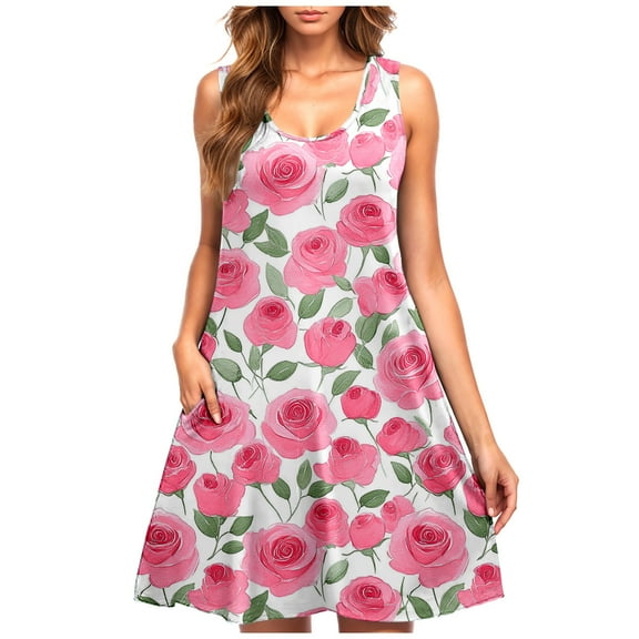 Uaswgudfs Sleeveless Floral Embellished Midi Dress for Women - Summer Casual Sundress with Functional Pockets & Flowy Tank Design