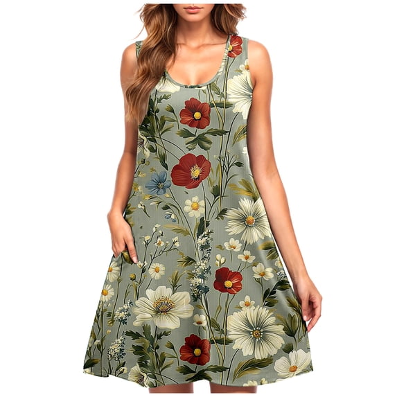 Uaswgudfs Sleeveless Floral Embellished Midi Dress for Women - Summer Casual Sundress with Functional Pockets & Flowy Tank Design