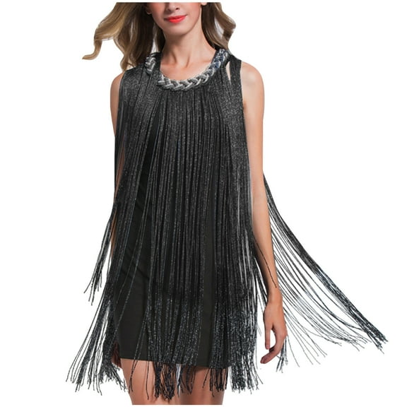 Uaswgudfs ​Sleeveless Fringe Detail Summer Dresses for Women 2025 – Braided Neckline & Glossy Fabric for Modern Casual Elegance Gray Free Size