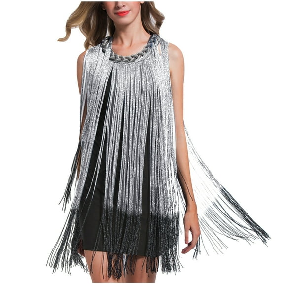 Uaswgudfs ​Sleeveless Fringe Detail Summer Dresses for Women 2025 – Braided Neckline & Glossy Fabric for Modern Casual Elegance Silver Free Size